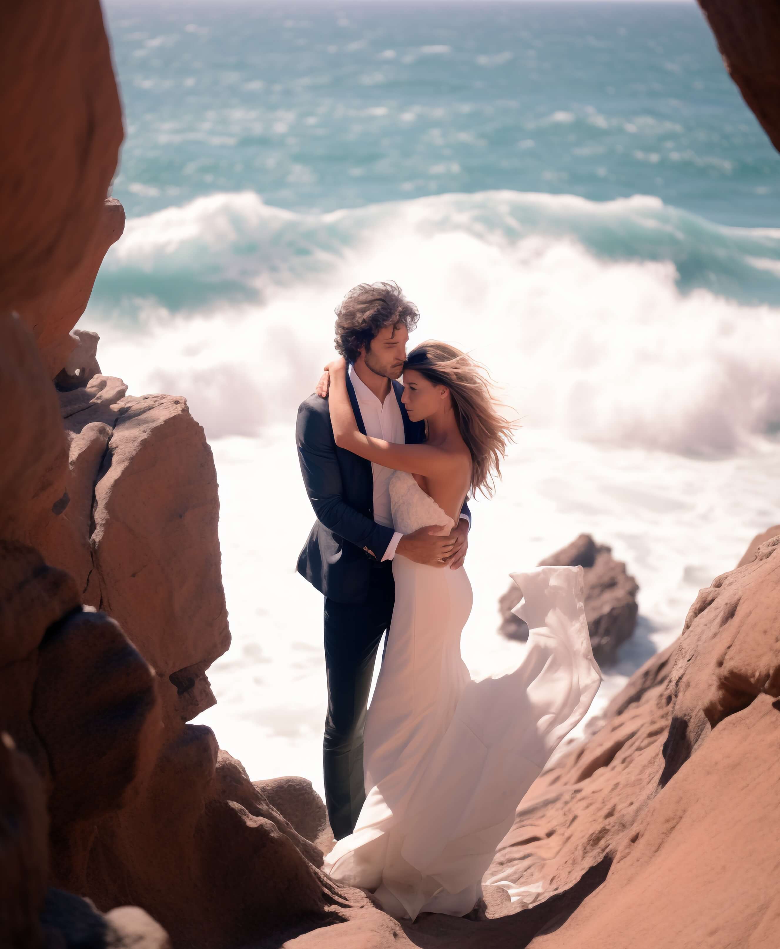 Sposi che si abbracciano tra le rocce con dietro il mare