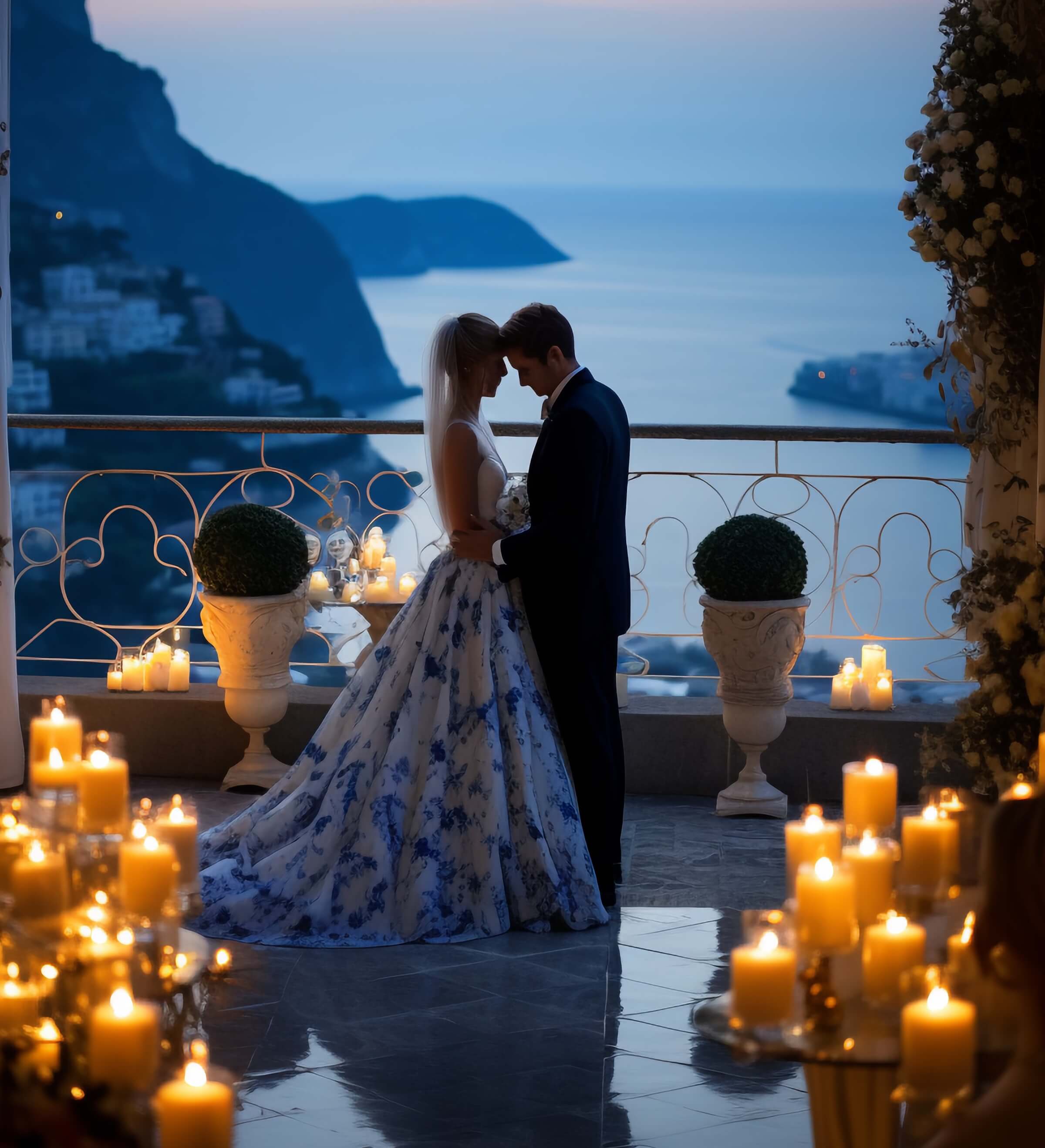 Sposi in una location addobbata per le nozze con lo sfondo del mare