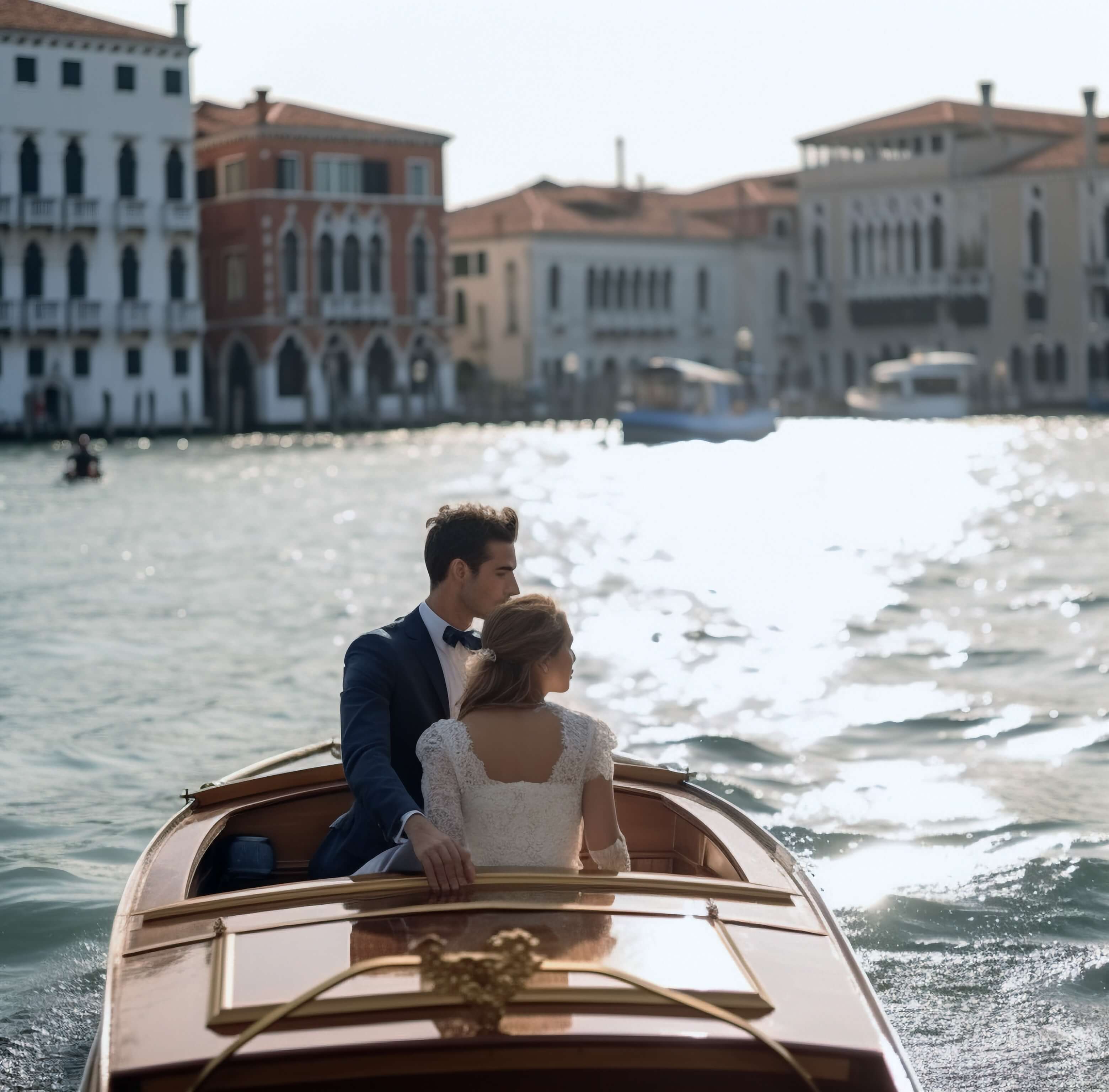 Sposi su una barca nei canali di Venezia