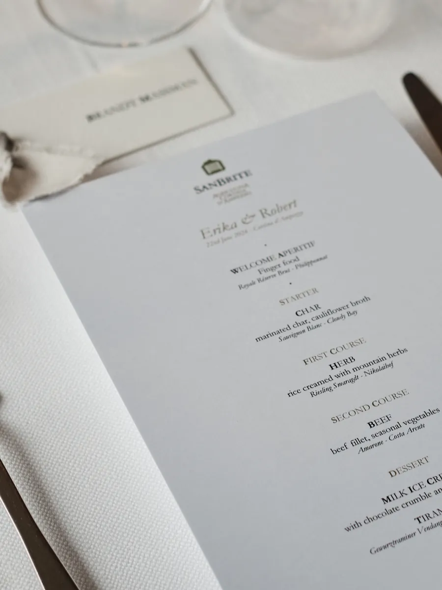 Printed wedding menu and table details