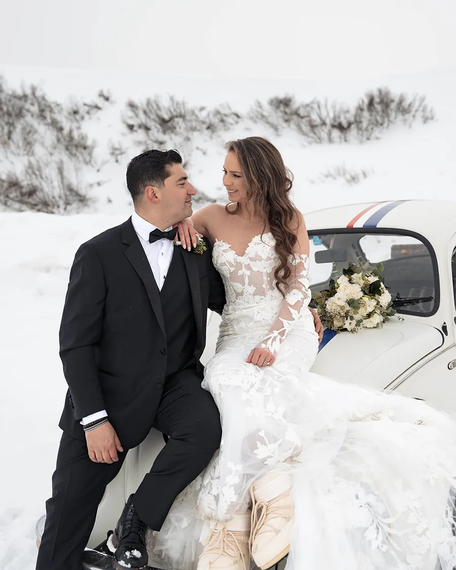 Couple during a winter elopement in Corvara, Alta Badia