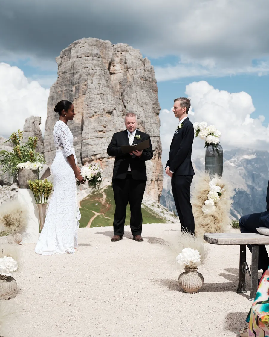 Bride and groom at their ceremony at the Cinque Torri