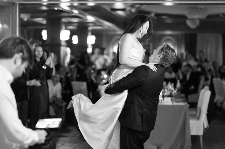 Bride and groom first dance at their wedding reception in Cortina
