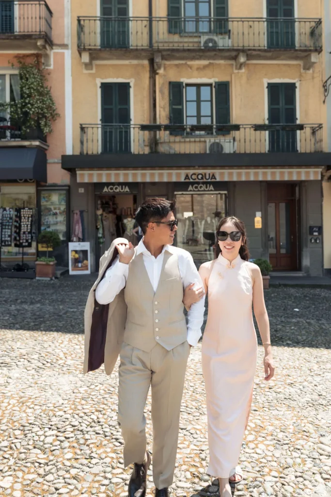 Couple walking through the lanes of Bellagio, Lake Como