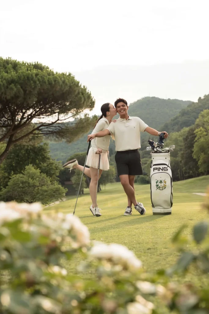 Couple with their golf bag on the course near Padua
