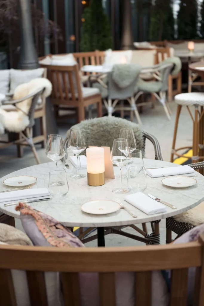 Rehearsal dinner table on the terrace of Hotel Ancora, Cortina