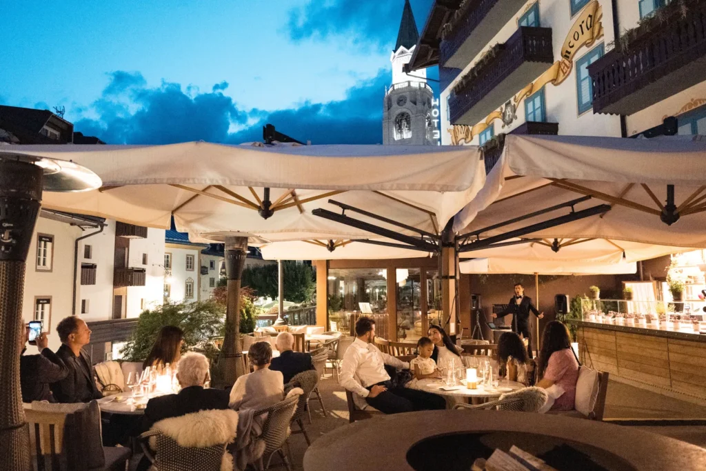 Hotel Ancora terrace at dusk during the rehearsal dinner