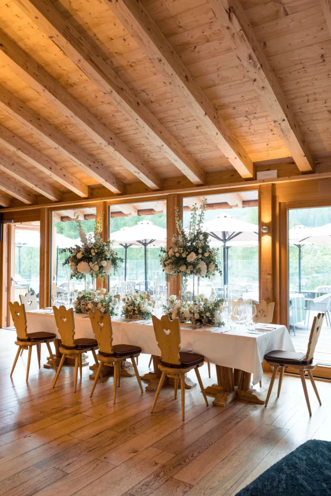 Wedding dining room at Dolomiti Lodge Alverà in Cortina