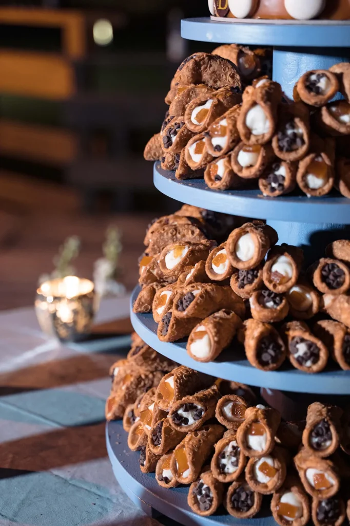 Tower of Sicilian cannoli at a wedding in Cortina